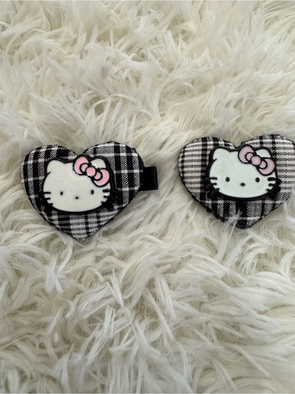 Hello Kitty Black Plaid Heart Hair Clips with Pink Bows set of 2